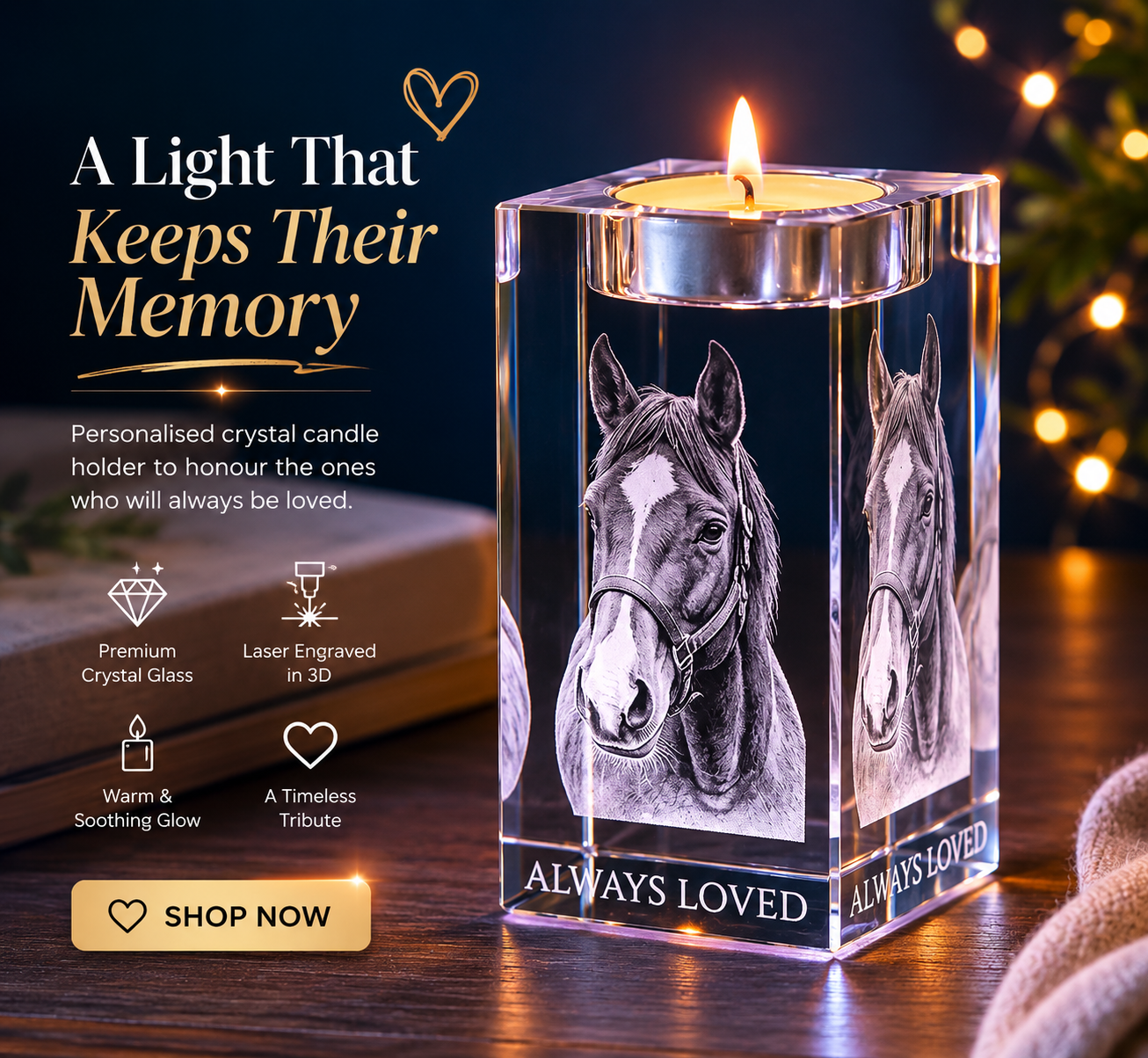 Memorial Candles™ — Custom Horse Portrait Crystal Candleholder